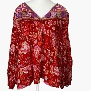 Rachel Zoe Red Floral Embroidered Peasant Blouse